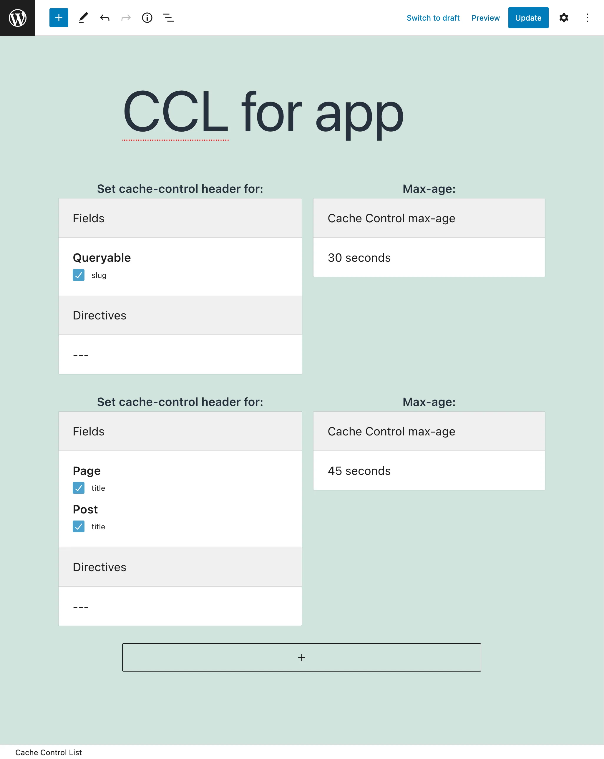 Cache Control List editor Cache Control List editor