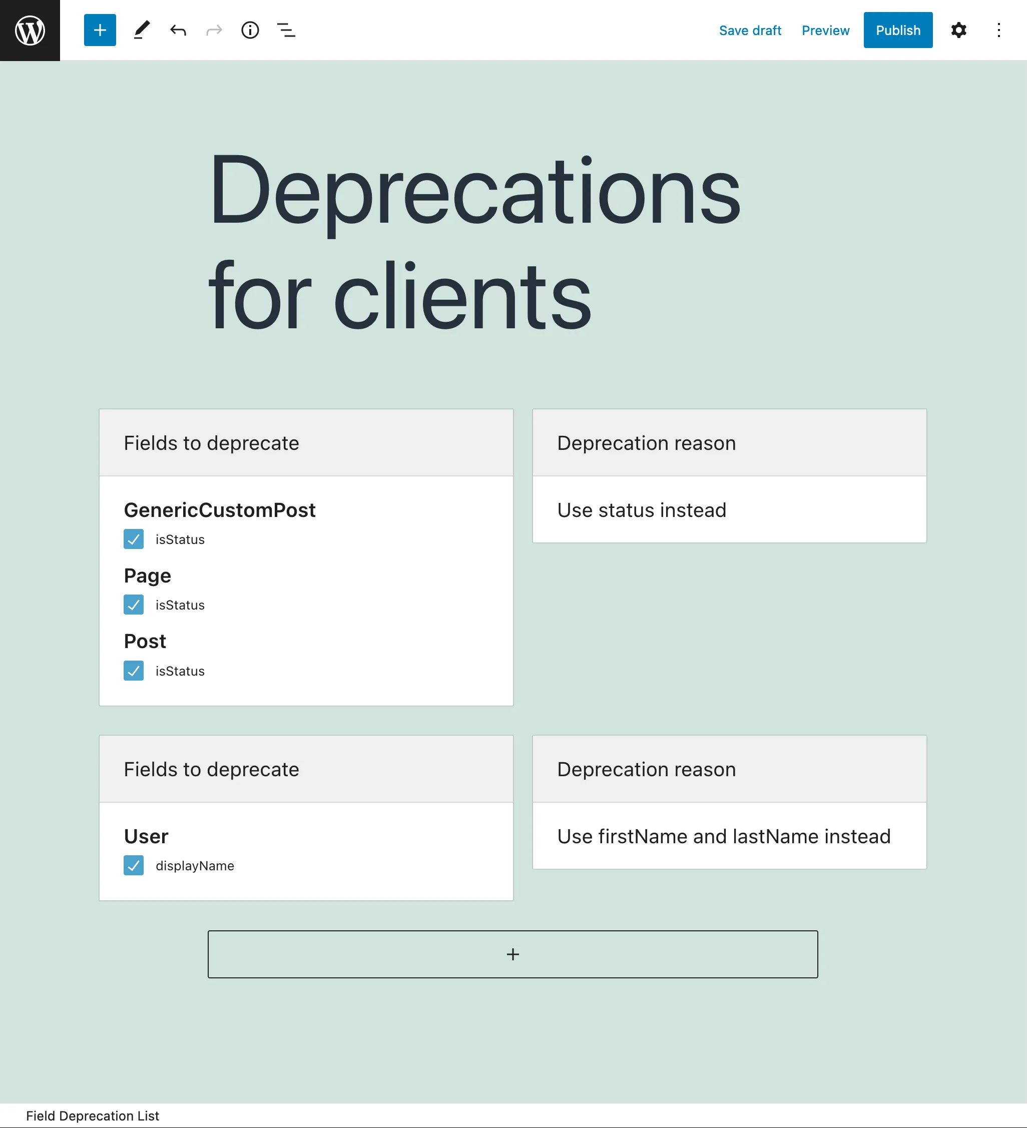 Field Deprecation List editor Field Deprecation List editor