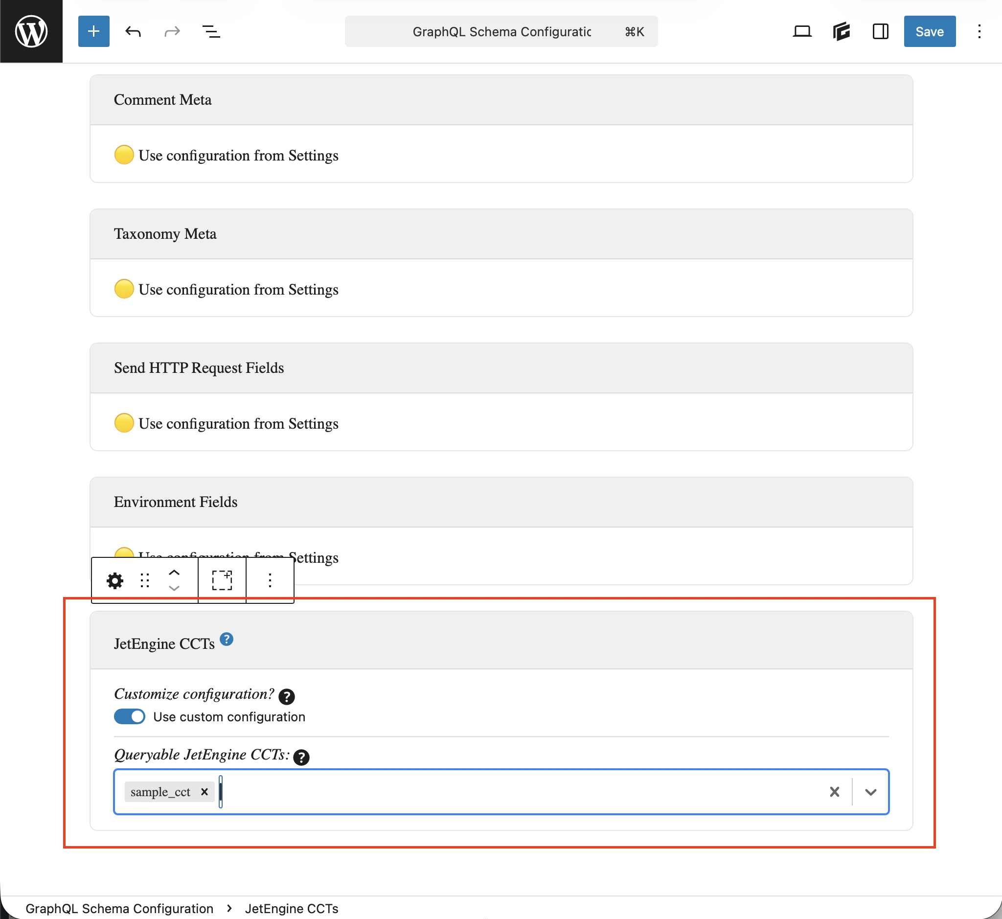 การกำหนด CCT ที่ queryable ได้ใน Schema Configuration
