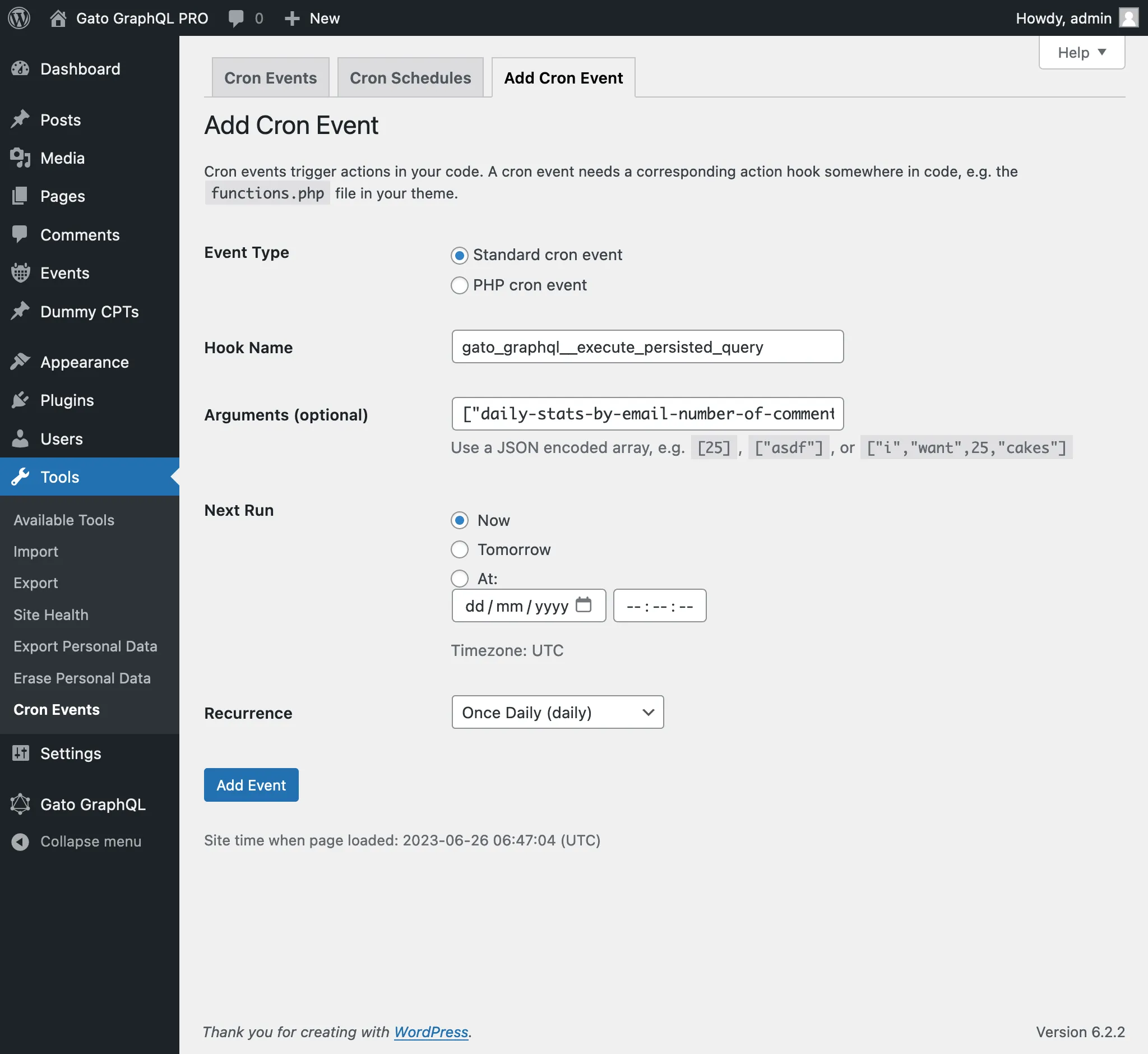 รายการใหม่ใน WP-Crontrol รายการใหม่ใน WP-Crontrol