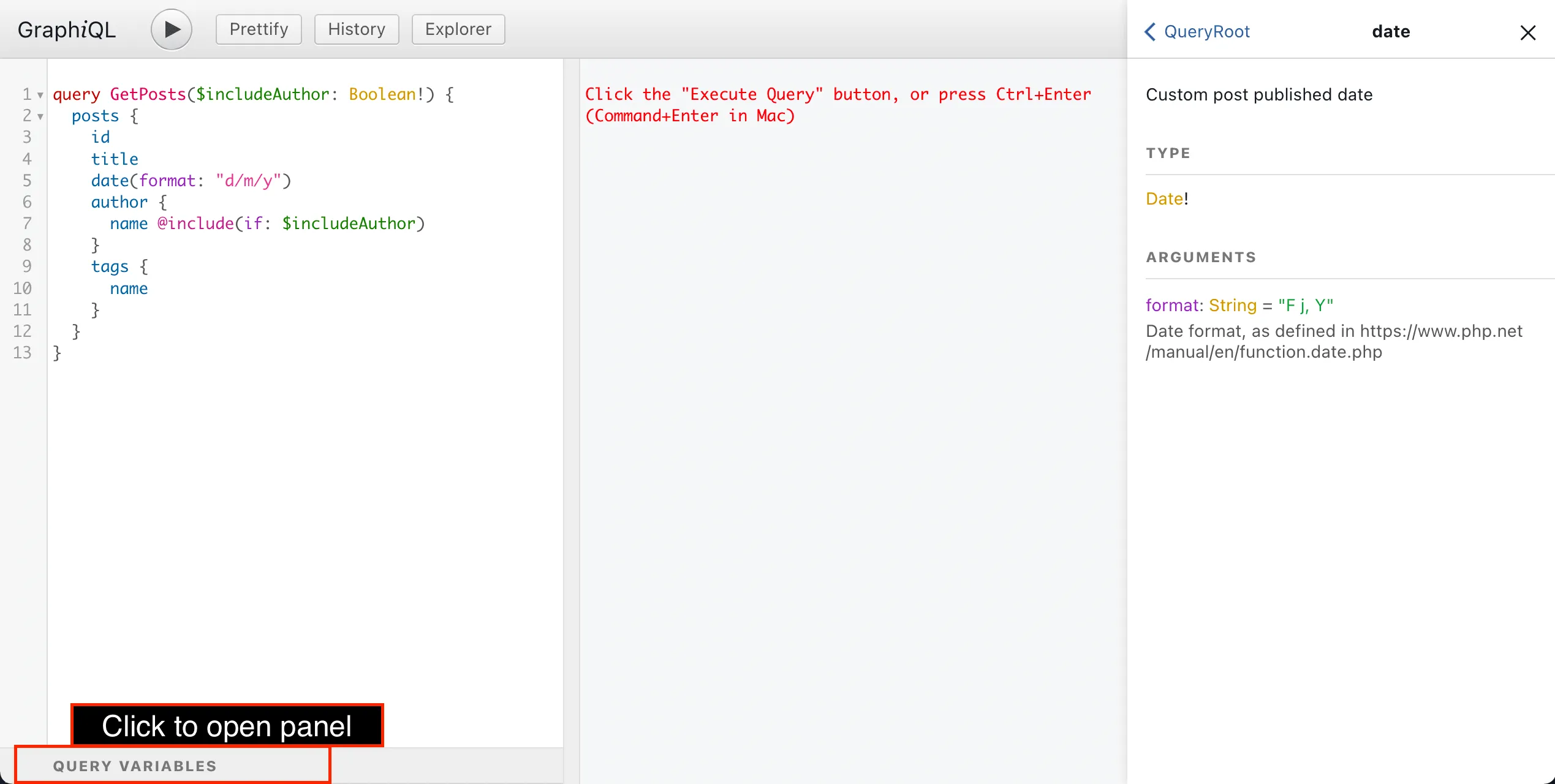 การเปิดแผง Query variables การเปิดแผง Query variables