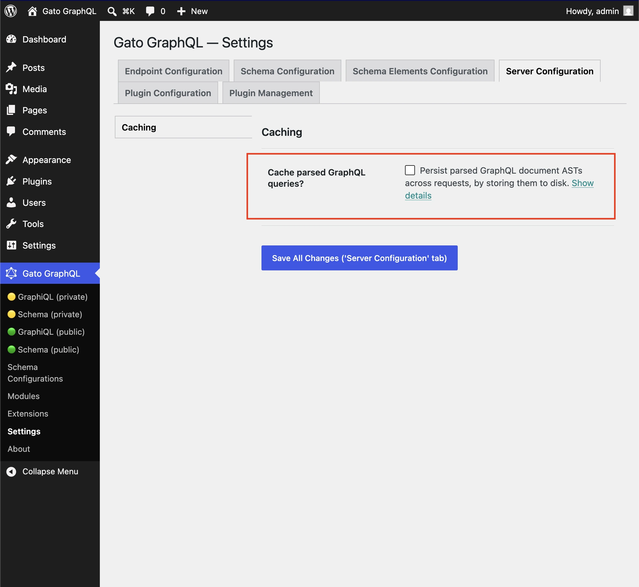 การเปิดใช้งานแคชสำหรับ GraphQL queries ที่ผ่านการ parse แล้วใน Settings