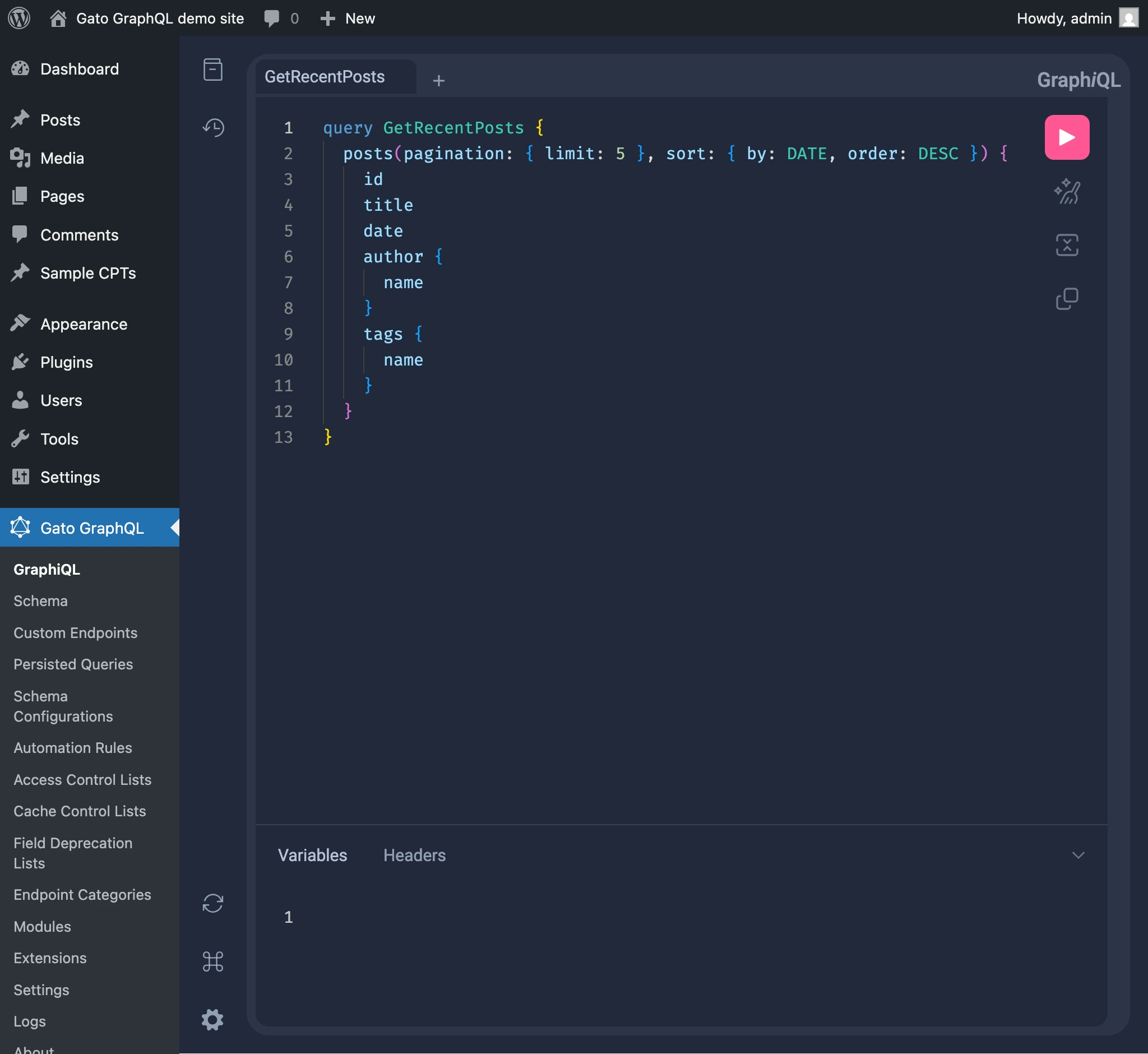 GraphiQL client ภายใน wp-admin