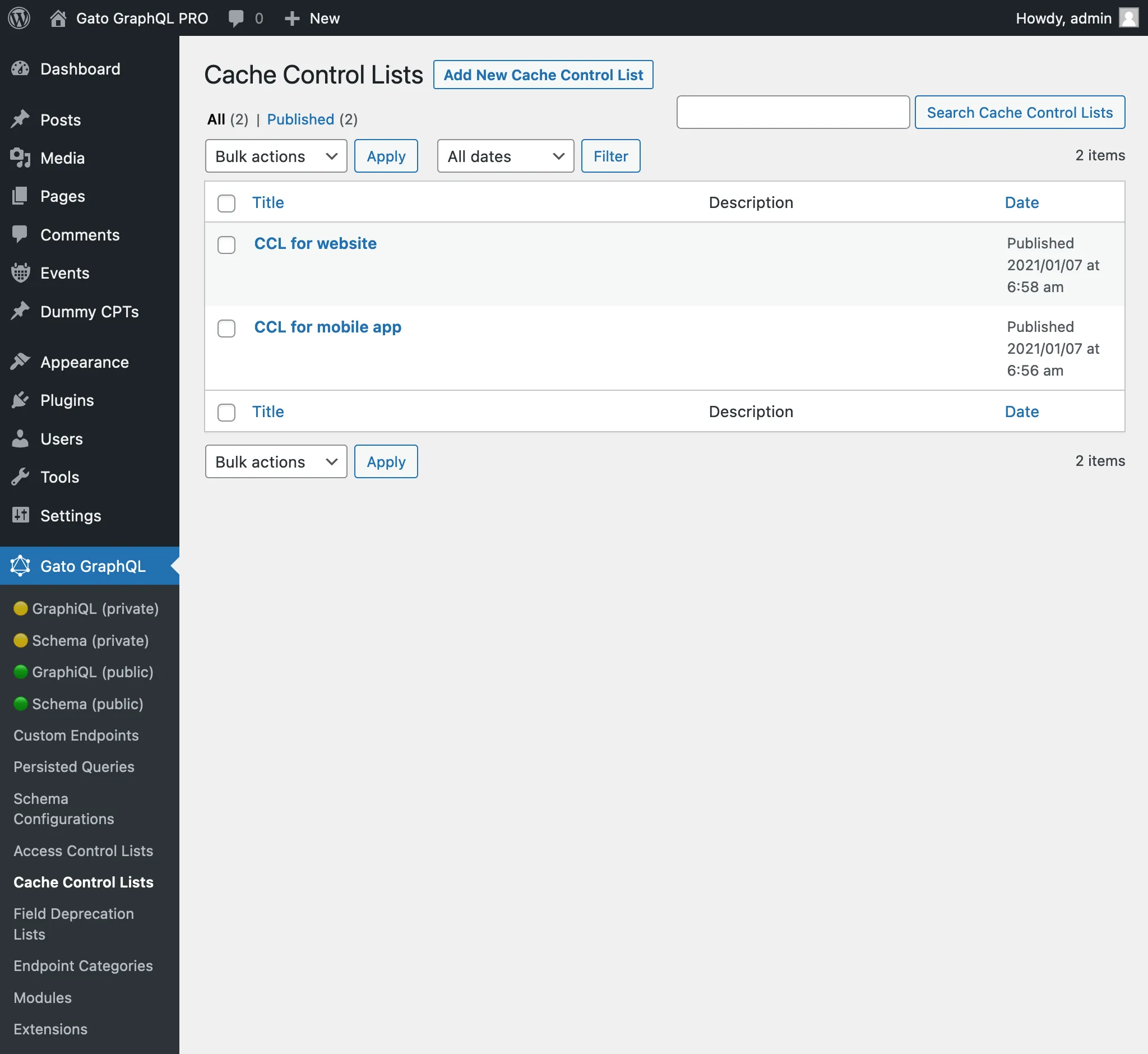 Cache Control Lists ในหน้าผู้ดูแลระบบ