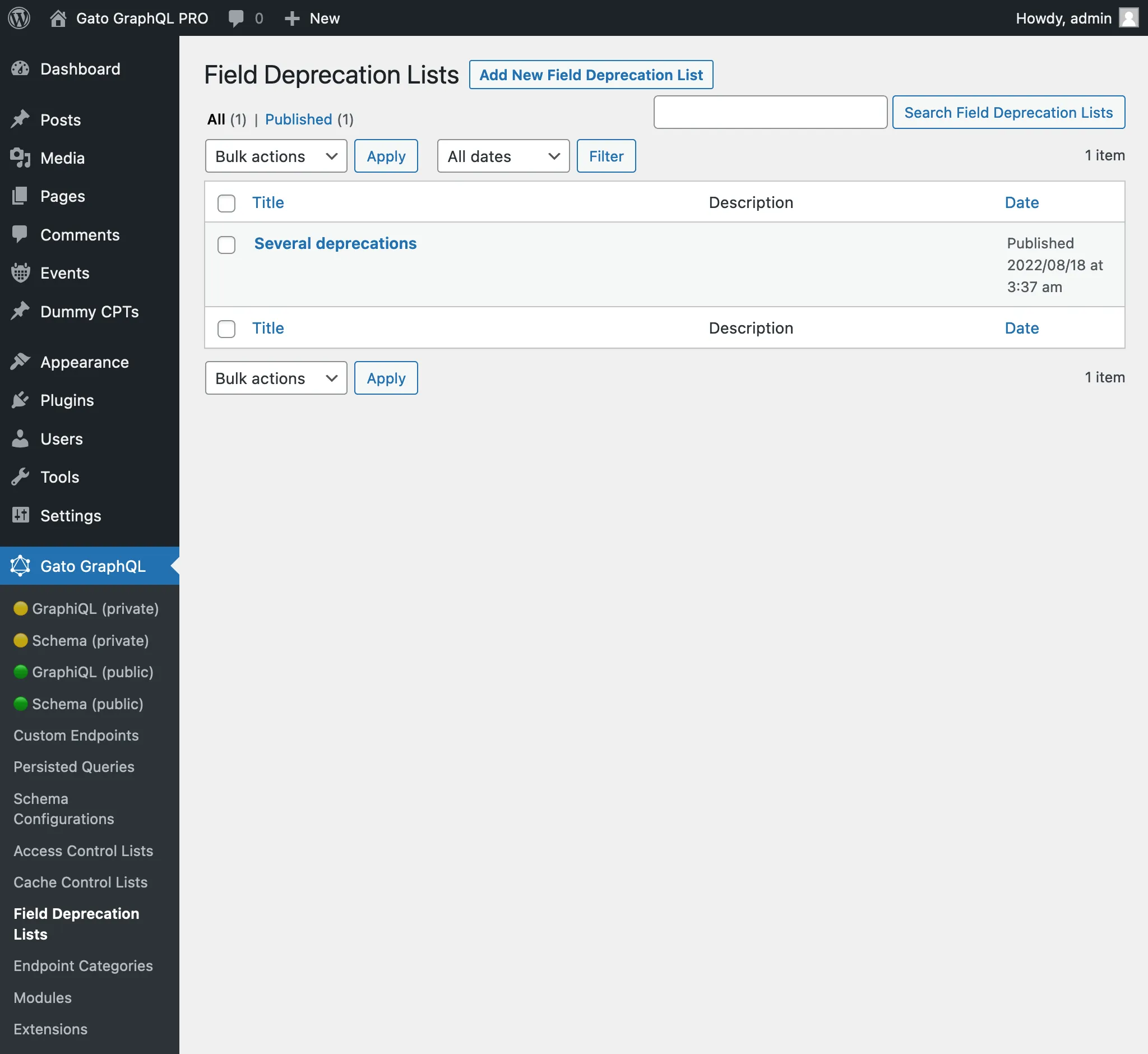 Field Deprecation Lists ในหน้าผู้ดูแลระบบ