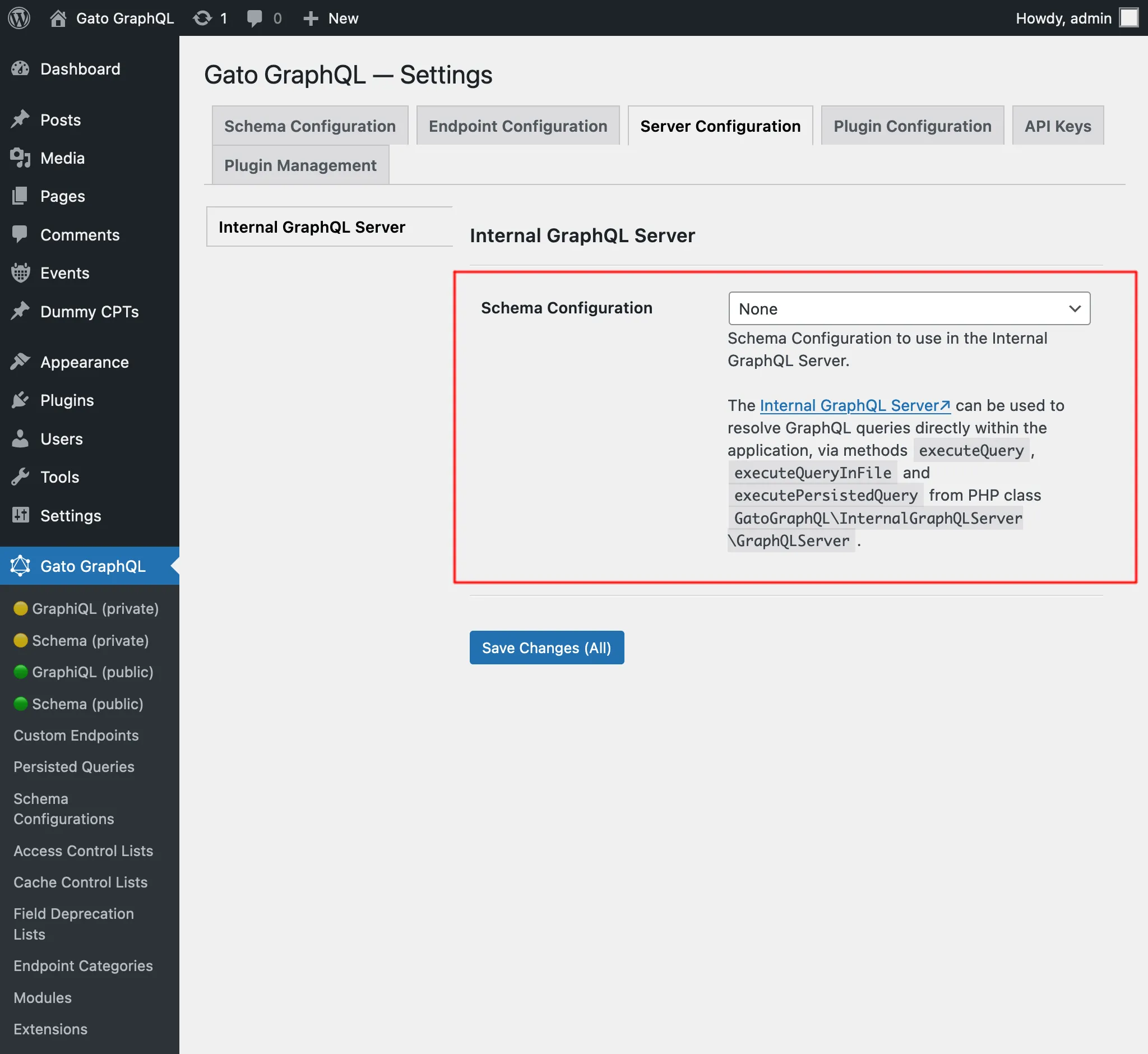 การกำหนดค่า Internal GraphQL Server ในหน้า Settings