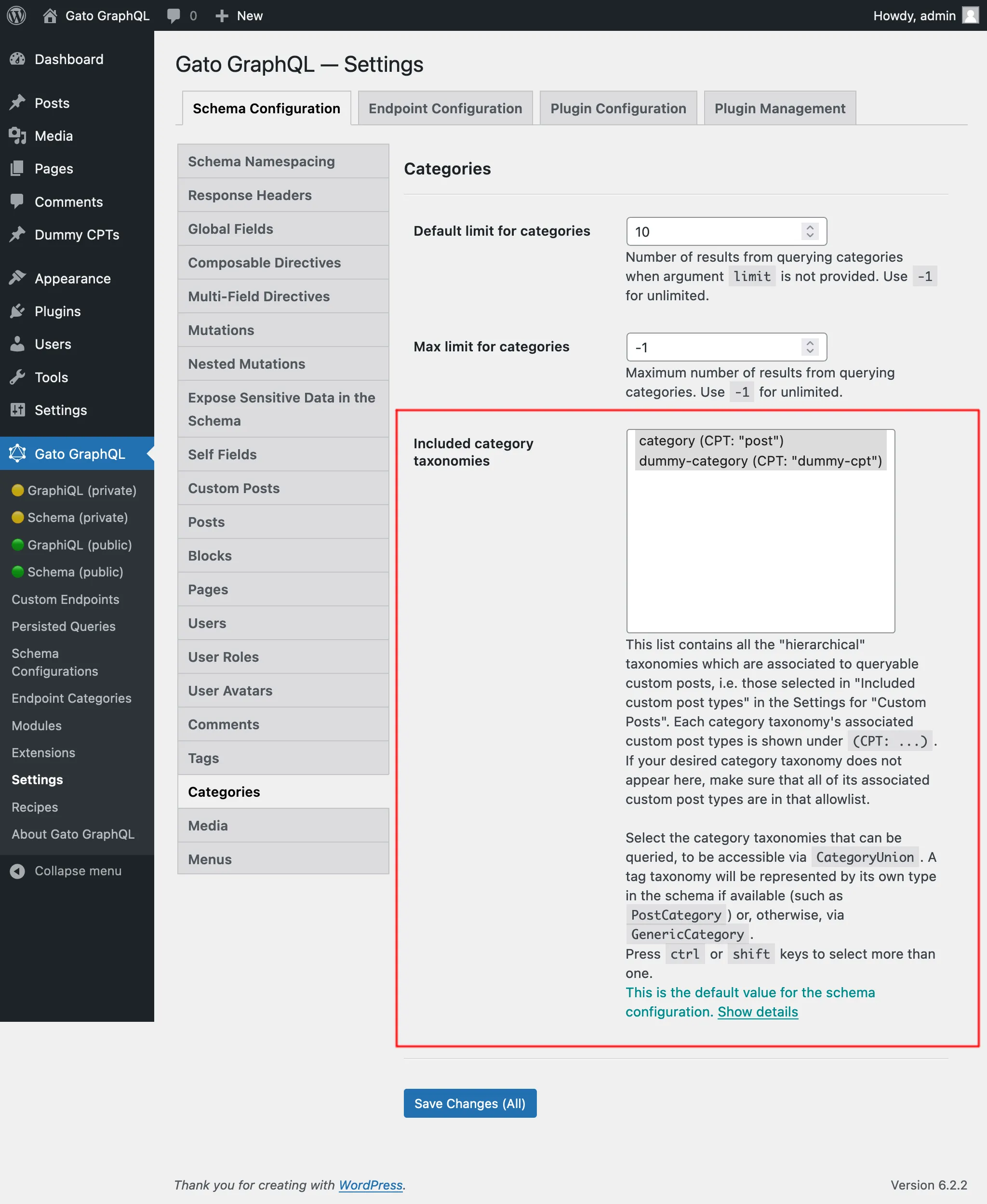 การเลือก category taxonomies ที่อนุญาตในหน้า Settings