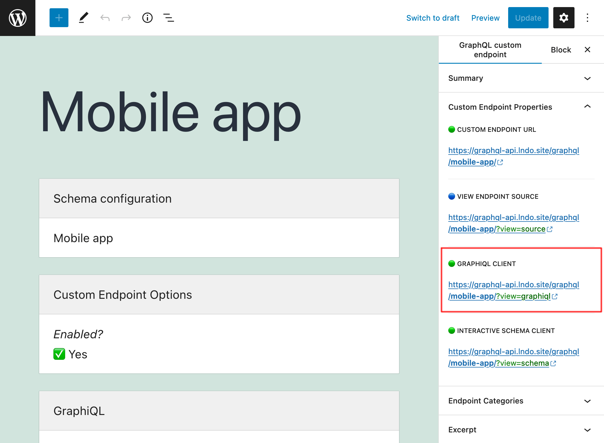 ลิงก์ไปยัง GraphiQL client ของ custom endpoint ใน editor ลิงก์ไปยัง GraphiQL client ของ custom endpoint ใน editor