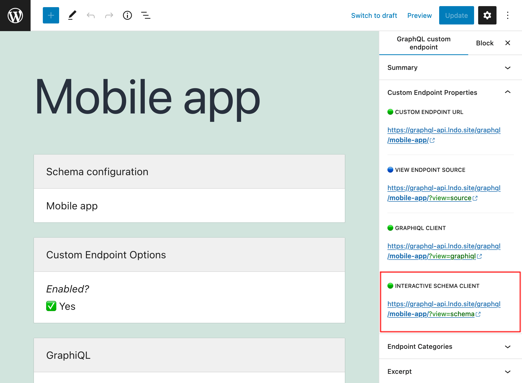 ลิงก์ไปยัง Interactive Schema client ของ custom endpoint ใน editor ลิงก์ไปยัง Interactive Schema client ของ custom endpoint ใน editor