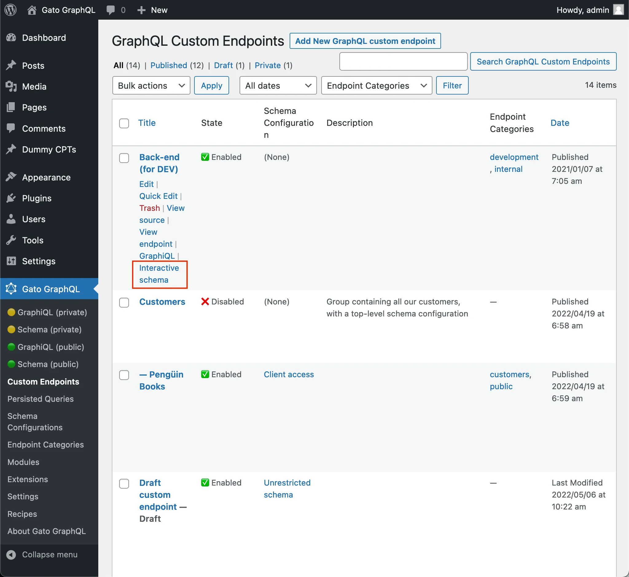 ลิงก์ไปยัง Interactive Schema client ของ custom endpoint ในรายการ