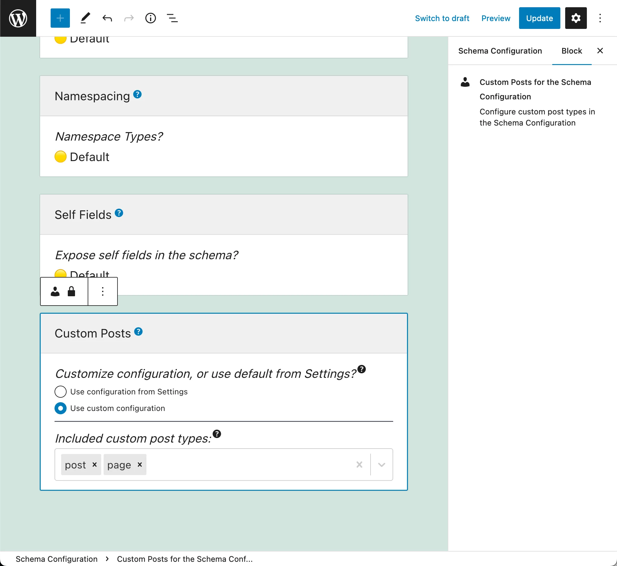 การเลือก Custom Post Types ที่อนุญาตใน Schema Configuration การเลือก Custom Post Types ที่อนุญาตใน Schema Configuration