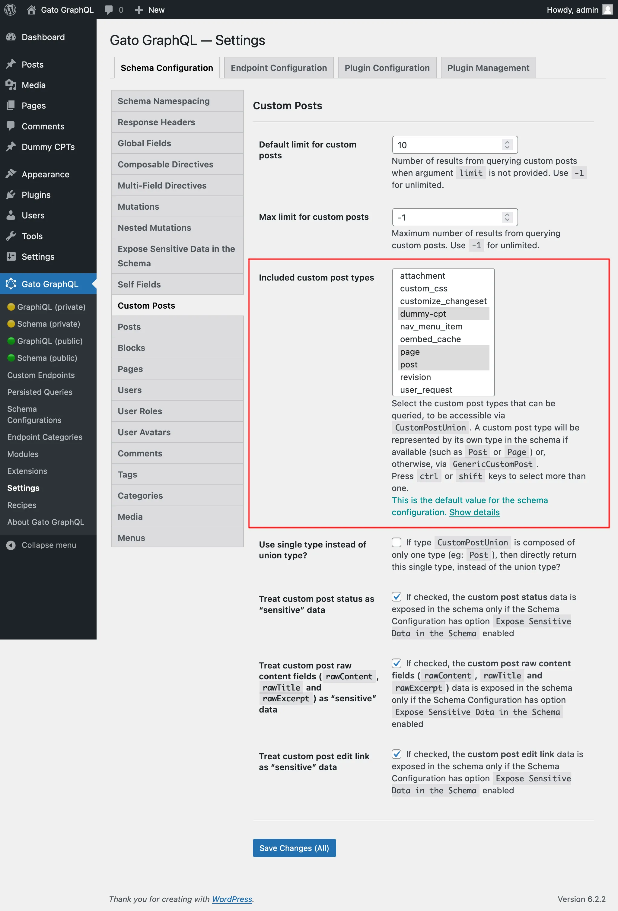 การเลือก Custom Post Types ที่อนุญาตในการตั้งค่า