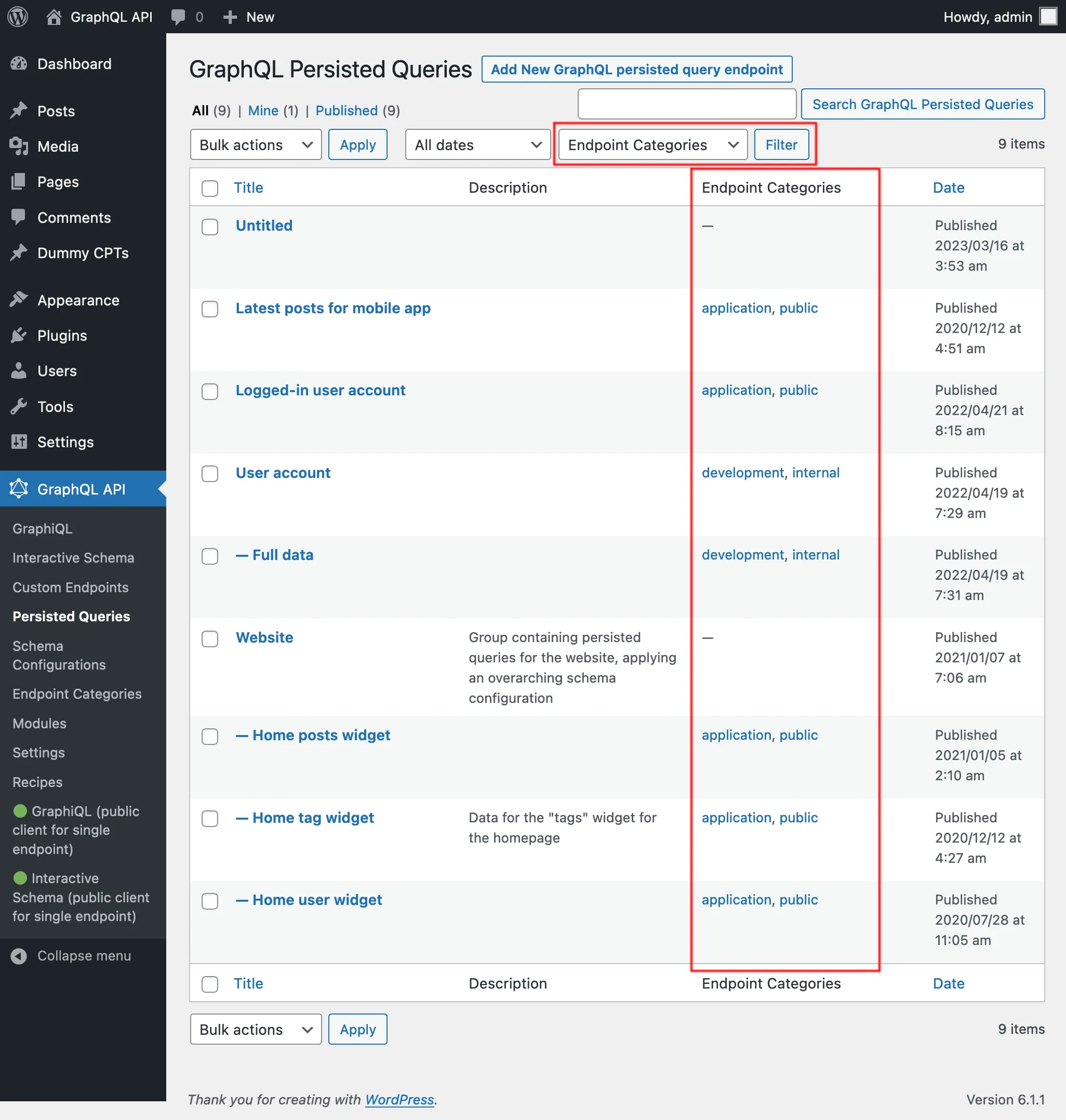 รายการ Persisted Queries พร้อมหมวดหมู่