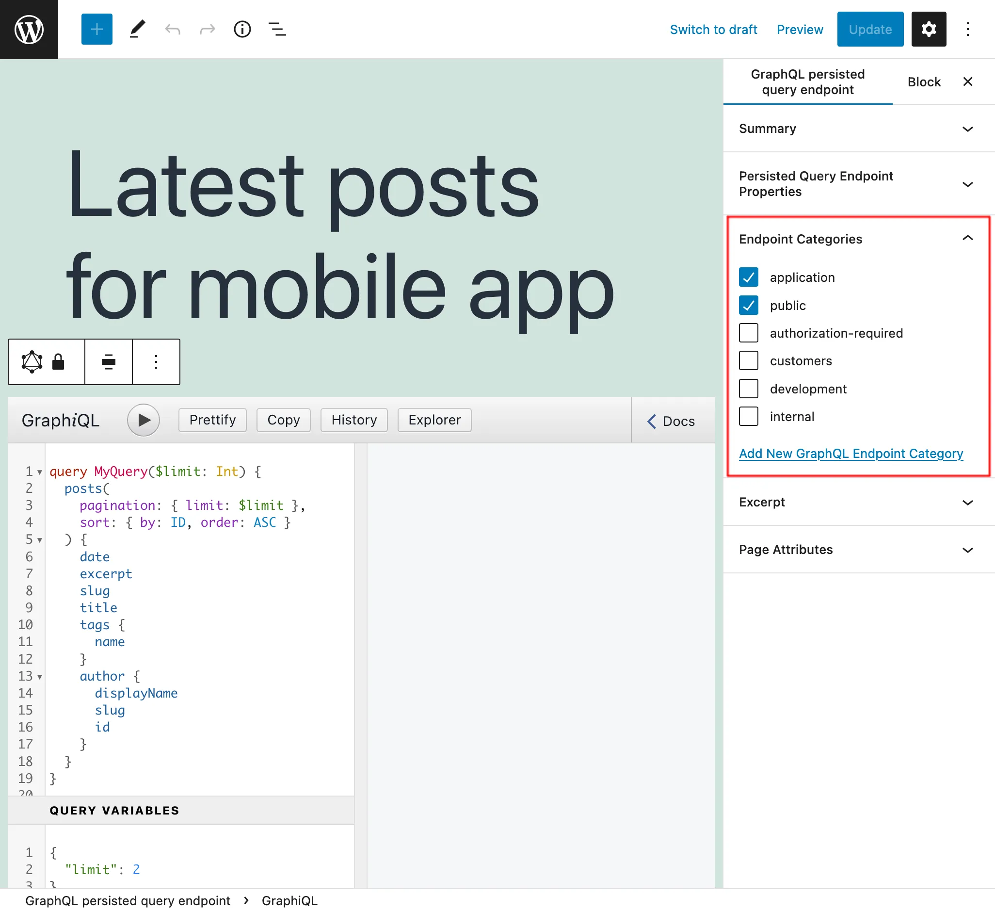หมวดหมู่ endpoint เมื่อแก้ไข Persisted Query