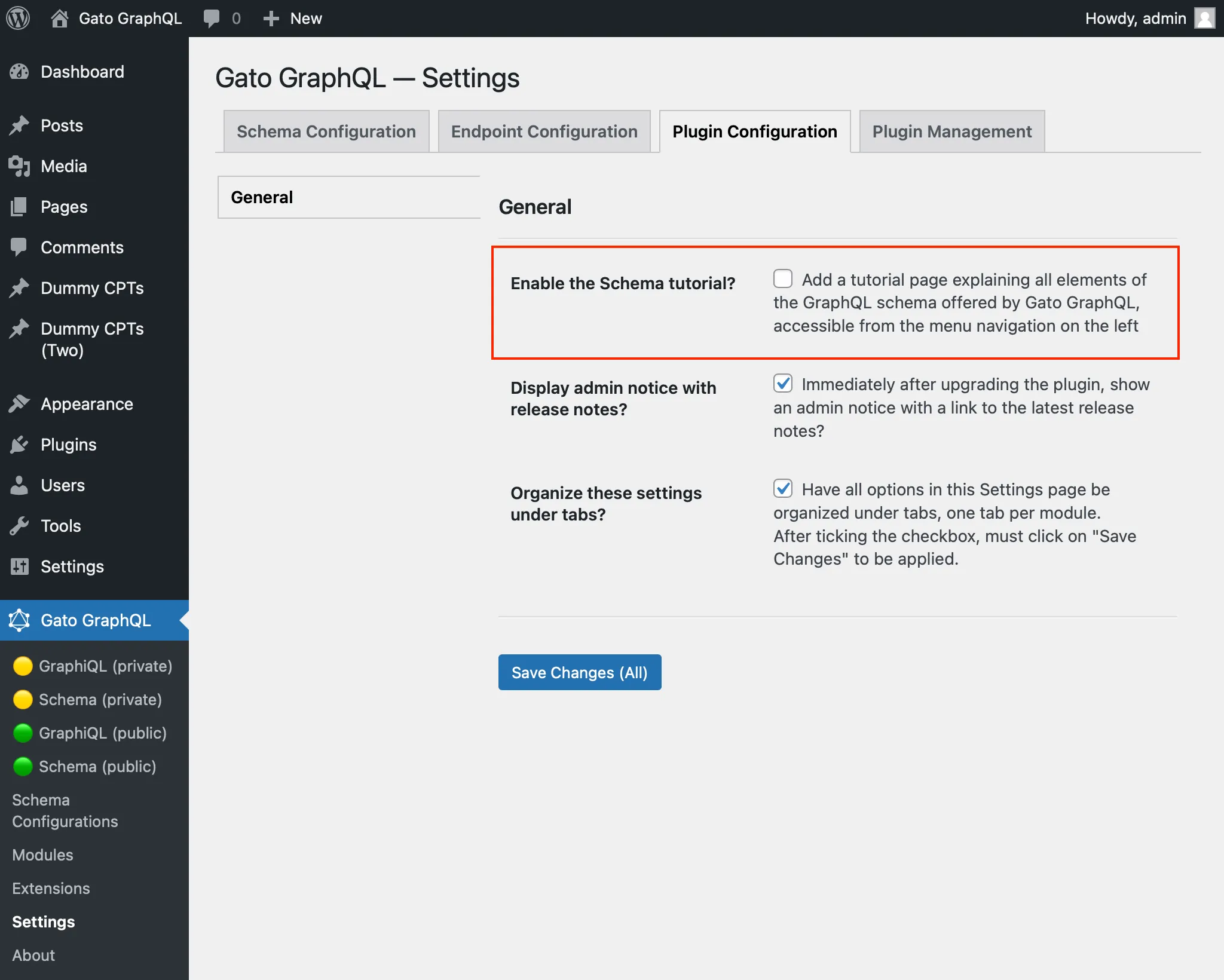 การเปิดใช้งานหน้า Schema tutorial ใน Settings