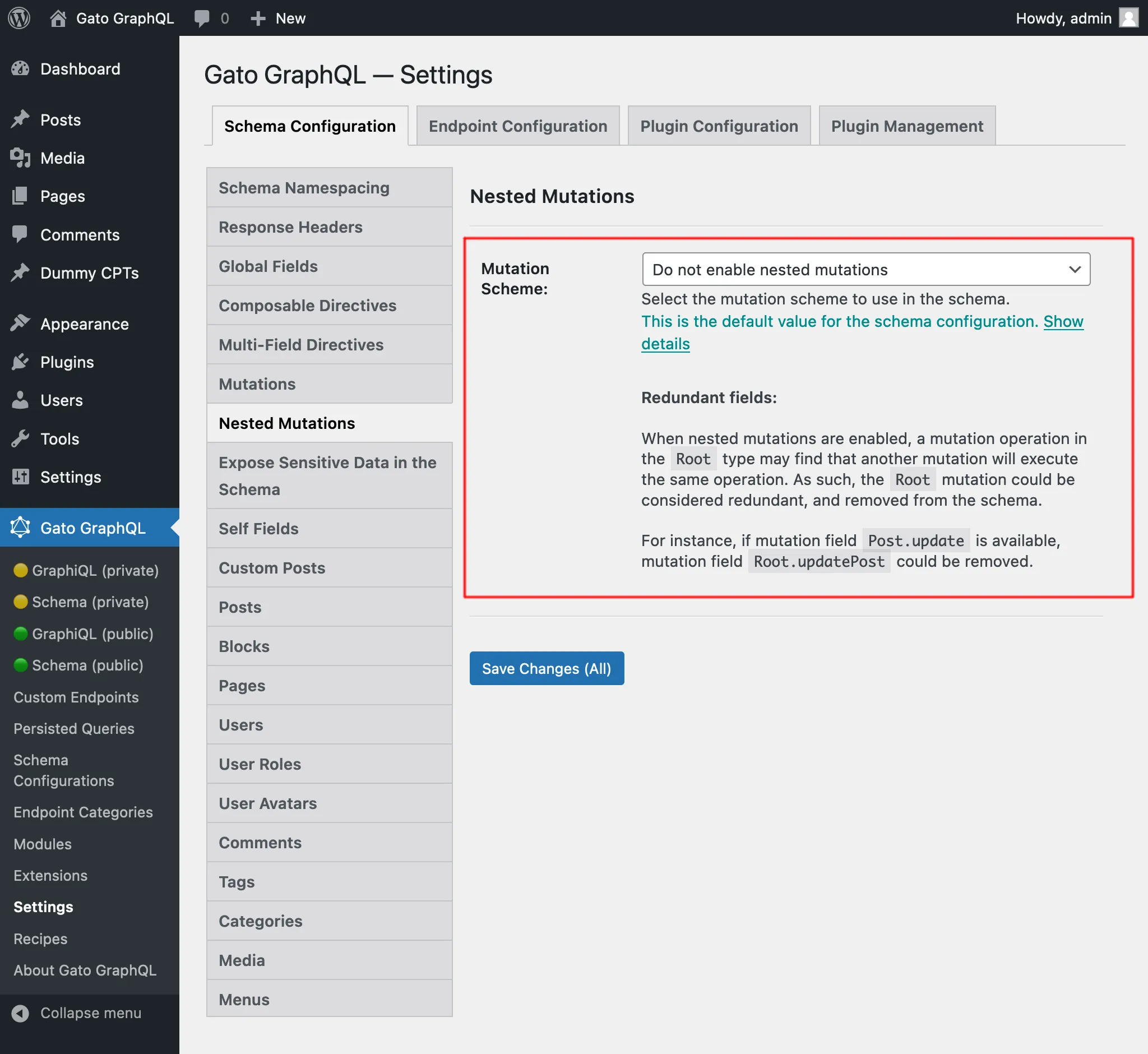 Settings สำหรับ nested mutations