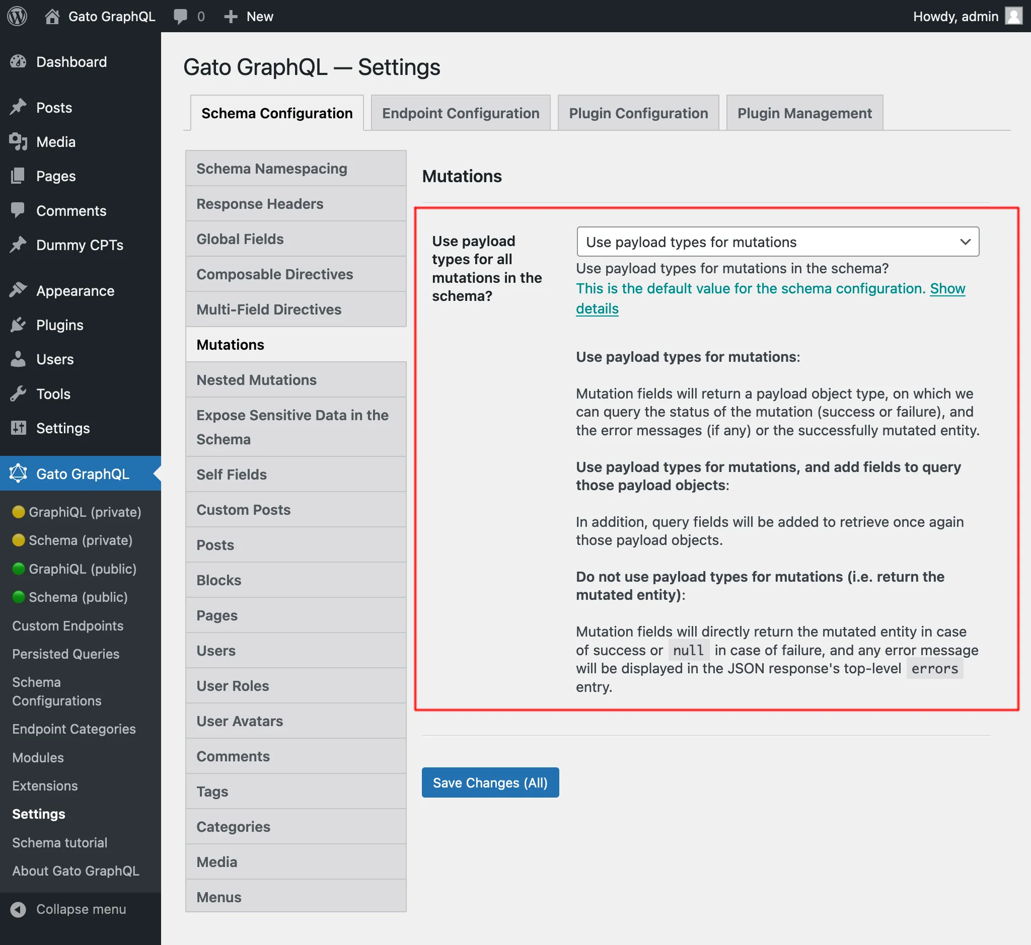 การกำหนดว่าจะใช้ payload object types สำหรับ mutations หรือไม่ และอย่างไร ใน Settings