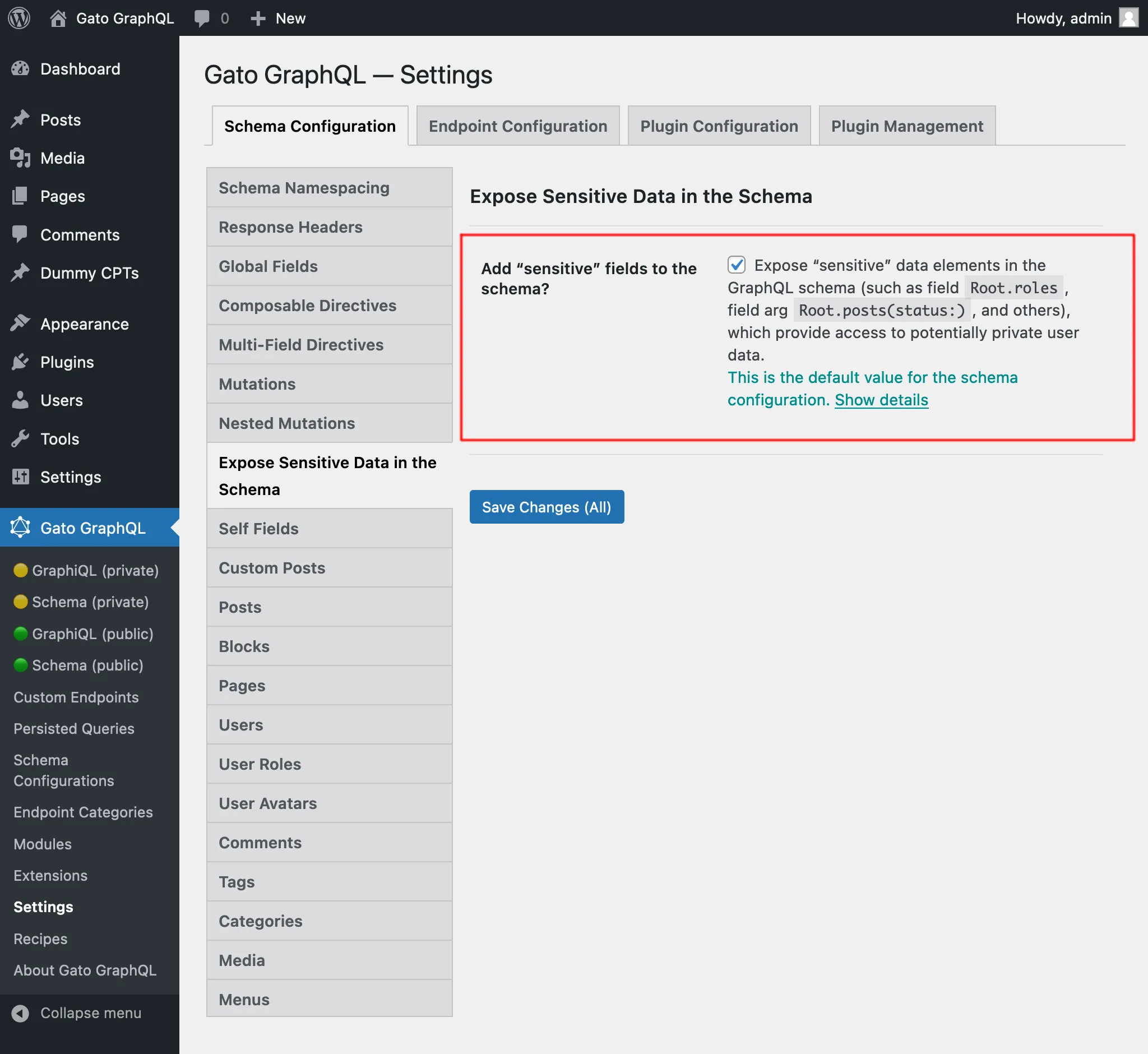 การตั้งค่า element ข้อมูล “sensitive” สำหรับ schema configuration ใน Settings