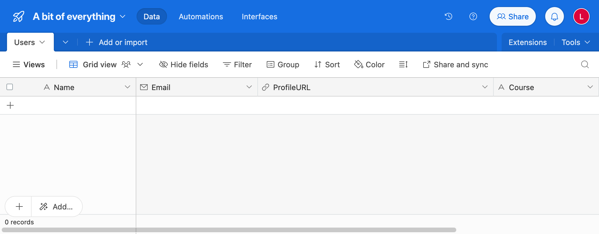 ตารางใน AirTable พร้อมข้อมูล LMS